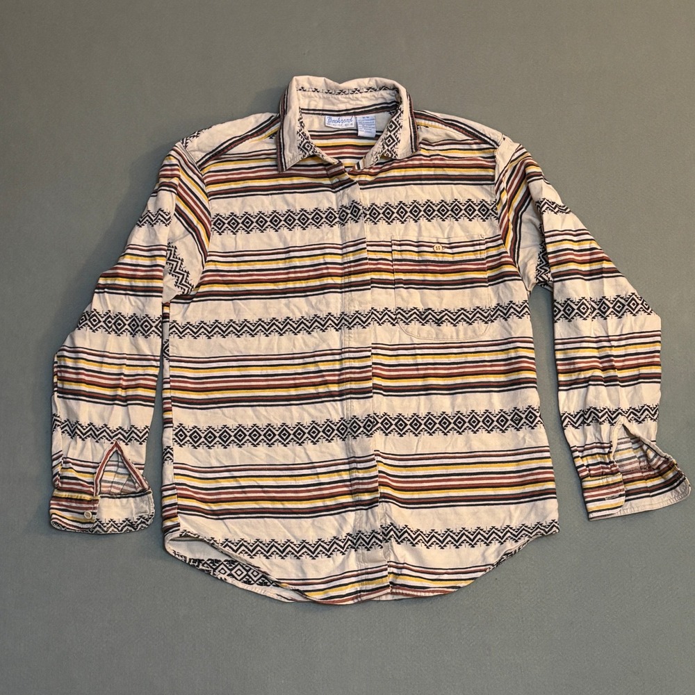 VTG Backroad Blues Mens‎ M Aztec Tribal Long Sleeve Button Up Shirt Chamois